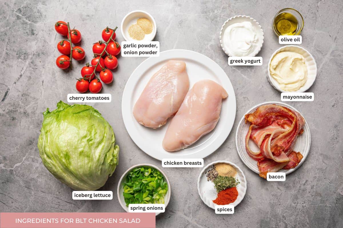 This easy BLT chicken salad combines juicy grilled chicken, crispy bacon, and ripe tomatoes with fresh lettuce and creamy yogurt dressing. BLT chicken salad ingredients with text labels.