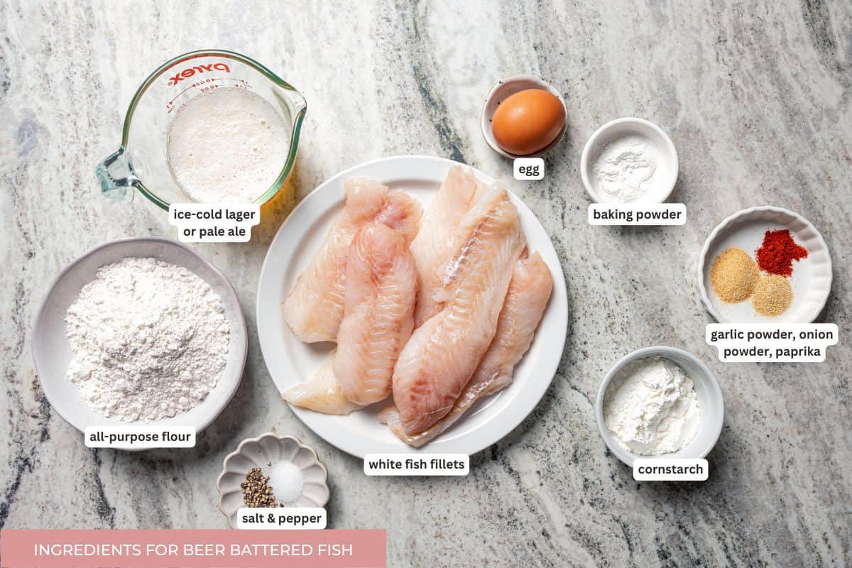 Make beer-battered fish with easy ingredients! This crispy, flaky fried white fish is perfect for tacos, pub-style fish and chips, and more. Beer battered fish ingredients.