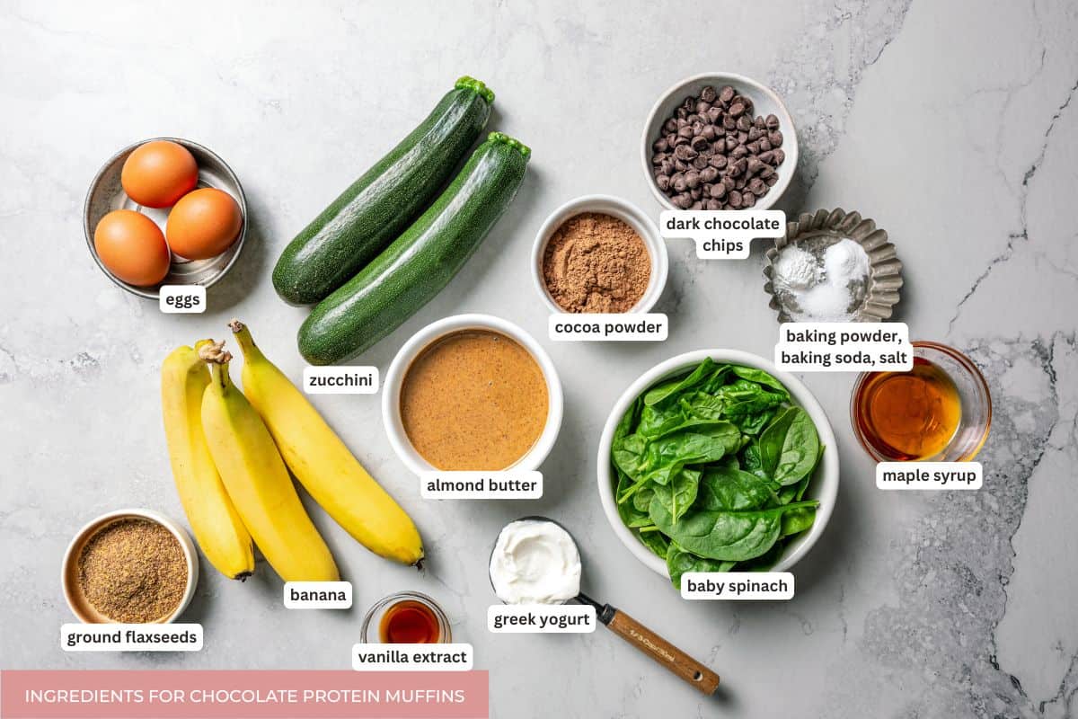 Chocolate protein muffins are moist, loaded with hidden veggies, and easy to make in the blender for a high-protein breakfast or meal prep. Chocolate protein muffins ingredients with text labels overlaying each ingredient.