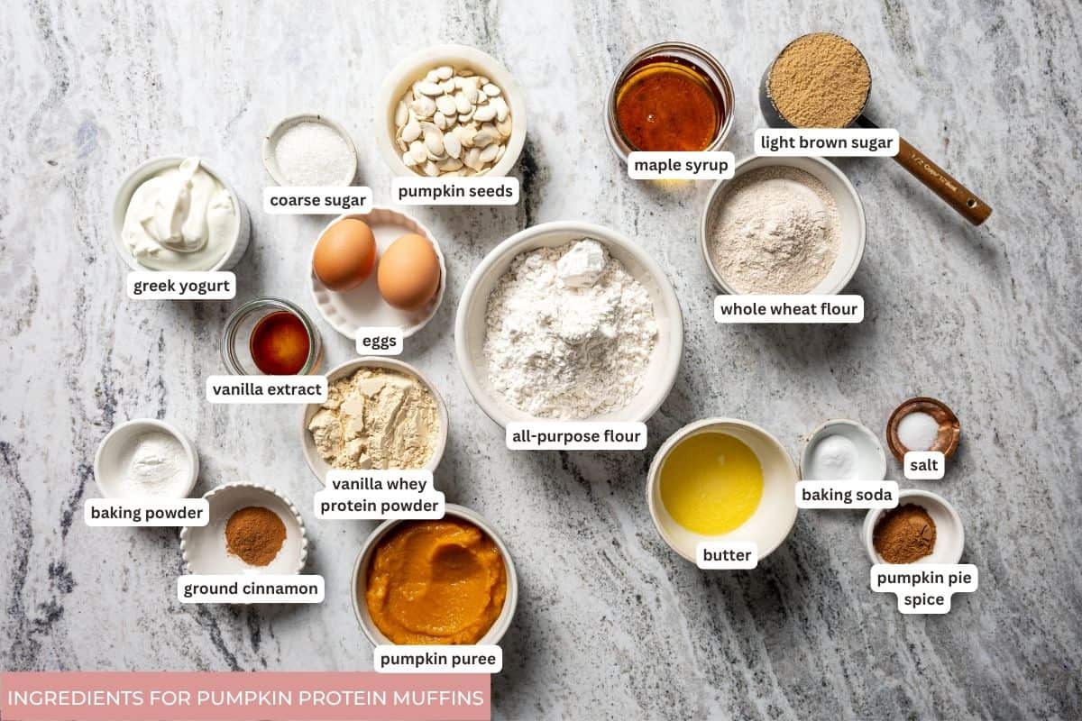Moist, fluffy pumpkin protein muffins are a high-protein fall treat made with vanilla whey powder, Greek yogurt, eggs, and pumpkin purée. Pumpkin protein muffins ingredients with text labels.