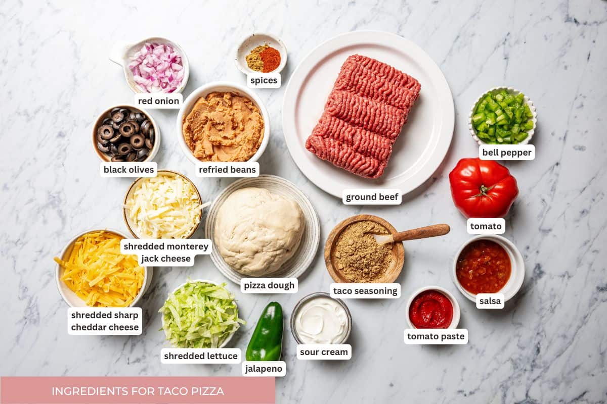 This Mexican-inspired taco pizza recipe has a crispy pizza crust topped with refried beans, taco meat, salsa, and your favorite taco toppings. Taco pizza ingredients.
