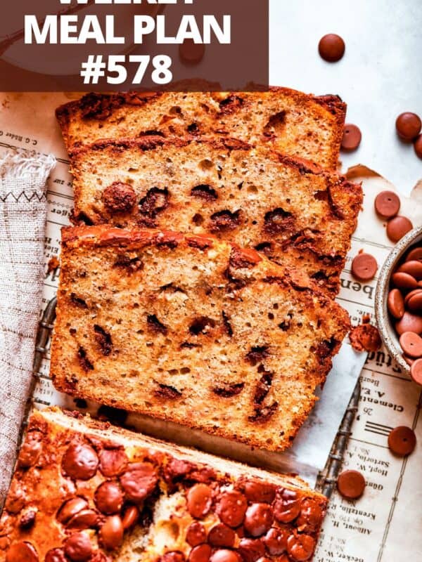 Chocolate chip banana bread cut into slices.