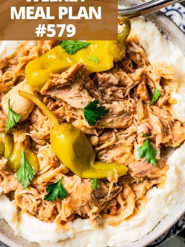 Pulled Mississippi chicken served over mashed potatoes.