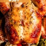 A whole roasted chicken topped with maple glaze.