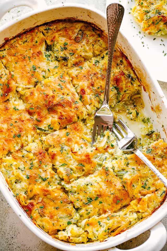 Weekly Meal Plan A baking dish with a creamy zucchini and yellow squash casserole.