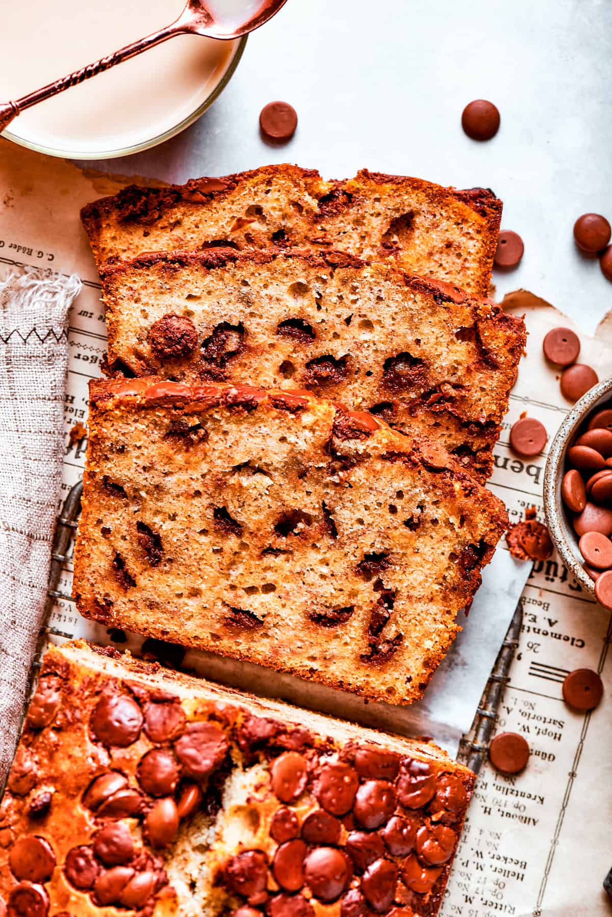 Weekly Meal Plan Chocolate chip banana bread cut into slices.