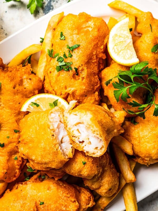 A plate of beer-battered fish.