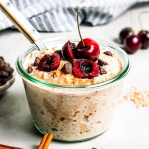 A jar of overnight steel cut oats.