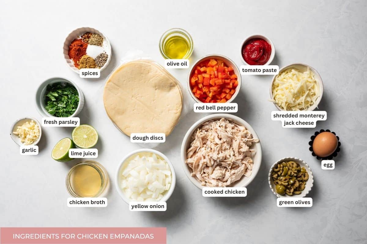 Chicken empanada ingredients with text labels.