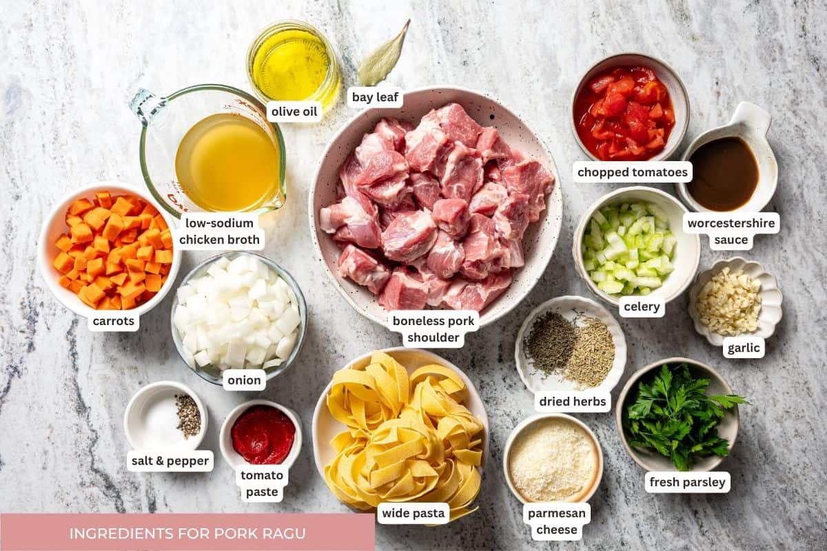 This slow-braised pork ragu recipe cooks for hours in the oven until fall-apart tender and ready to shred into a rich, flavorful meat sauce. Pork ragu ingredients with text labels.