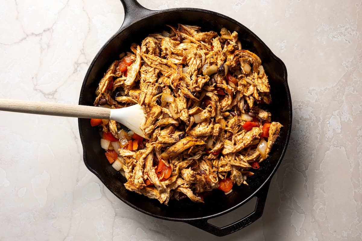 Chicken quesadilla filling in a skillet.