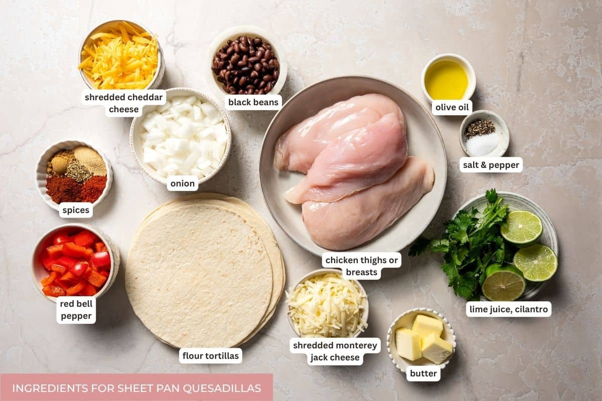 Sheet pan quesadilla ingredients with text labels.