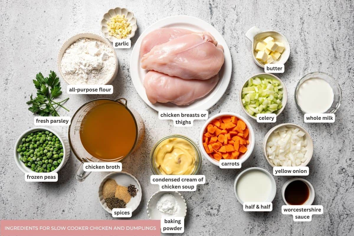 This slow cooker chicken and dumplings recipe is a cozy, creamy chicken stew loaded with homemade biscuit dumplings. All cooked in one pot! Slow cooker chicken and dumplings ingredients with text labels.