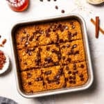 Pumpkin baked oatmeal in a baking dish.