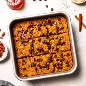 Pumpkin baked oatmeal in a baking dish.