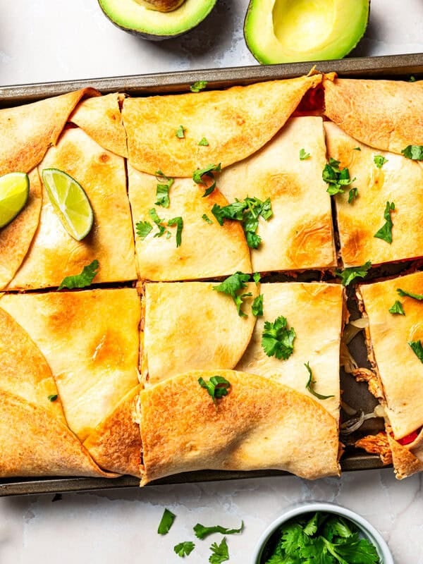 Close-up overhead shot of sheet pan quesadillas.