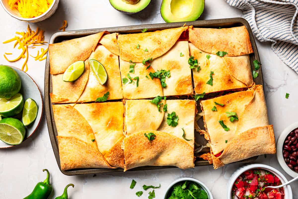Close-up overhead shot of sheet pan quesadillas.