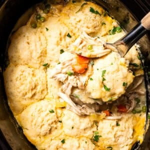 Slow cooker chicken and dumplings in a slow cooker with a spoon scooping up chicken, vegetables, and dumplings.