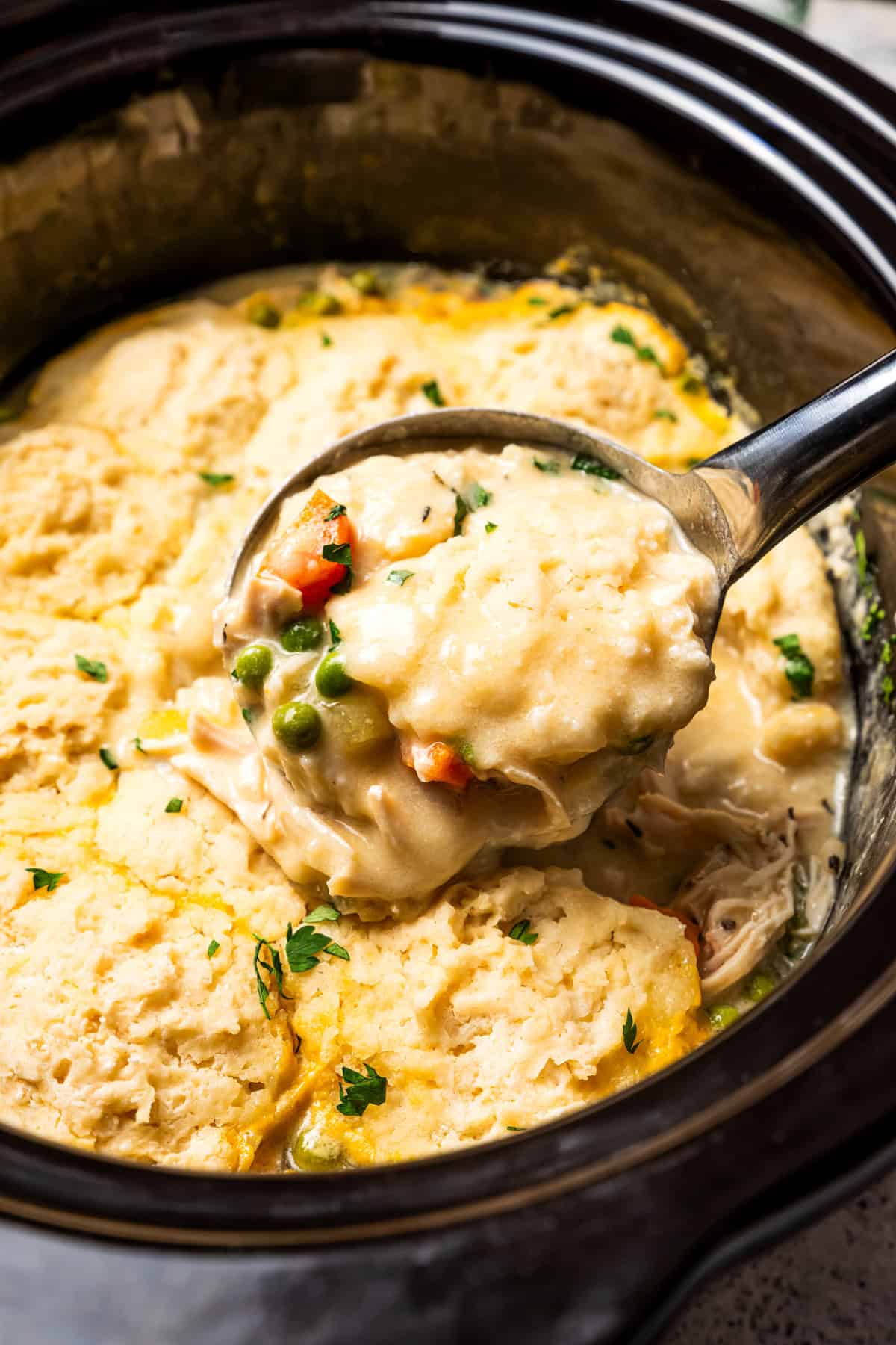 This slow cooker chicken and dumplings recipe is a cozy, creamy chicken stew loaded with homemade biscuit dumplings. All cooked in one pot! Ladle filled with creamy chicken, vegetables, and a fluffy dumpling from slow cooker chicken and dumplings.