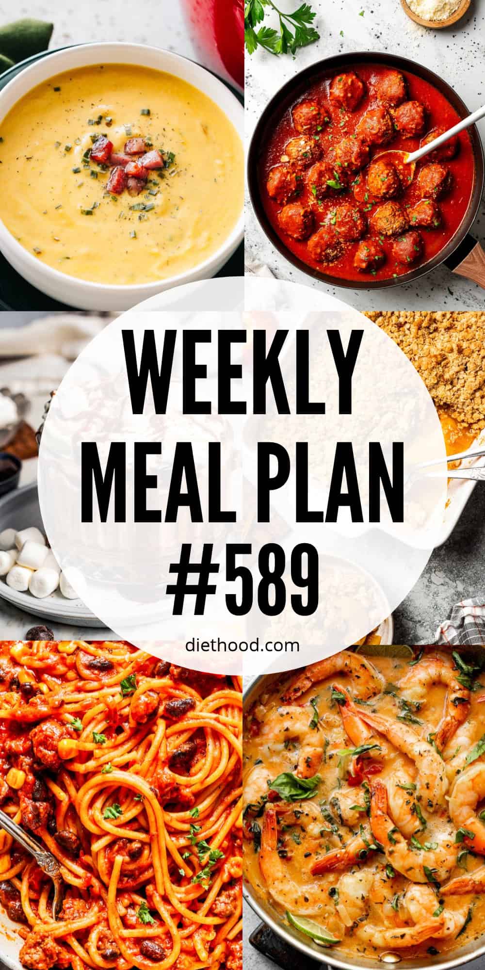 Weekly Meal Plan #589 collage featuring cauliflower cheese soup, porcupine meatballs, Mexican spaghetti, Thai coconut milk shrimp, apple crisp, and hot chocolate.