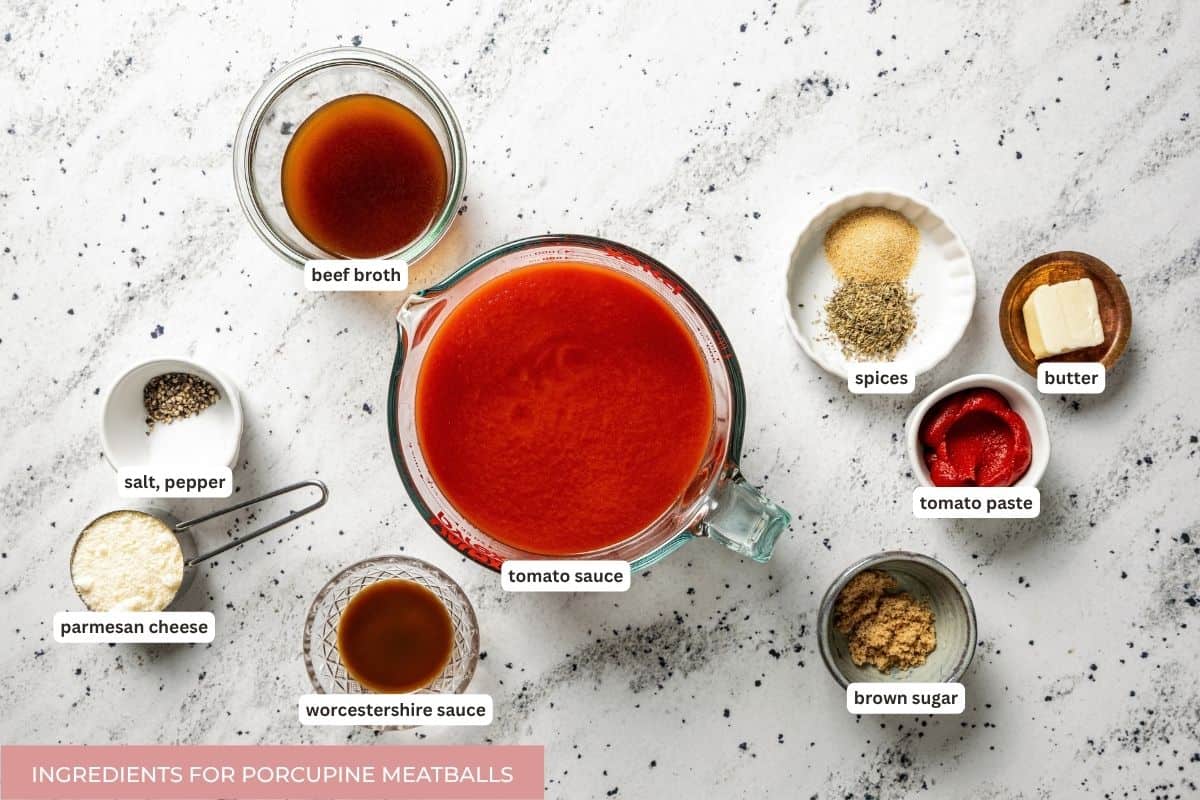 Not your old-fashioned porcupine meatballs! Make these with juicy ground beef, sausage, rice, and herbs, cooked in homemade tomato sauce. Garlic parmesan tomato sauce ingredients with text labels.