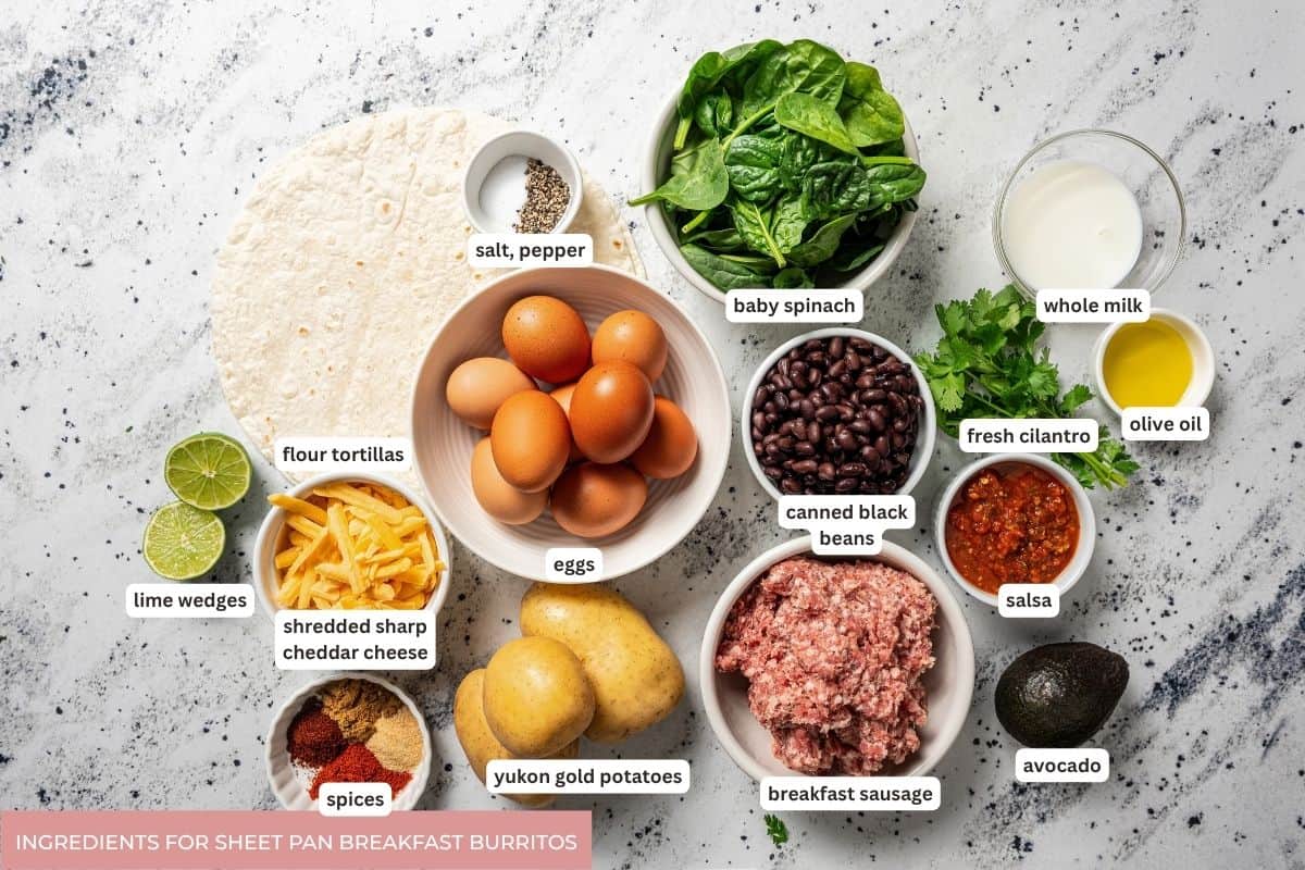 Sheet pan breakfast burritos are an easy way to batch-make breakfast burritos! Bake the filling in one pan, then roll it into soft tortillas. Sheet pan breakfast burritos ingredients with text labels.