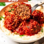 Weekly Meal Plan #589 cover featuring porcupine meatballs in tomato sauce served over creamy mashed potatoes.
