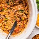 Creamy Buffalo chicken chili with shredded chicken, beans, corn, tomatoes, and fresh cilantro.
