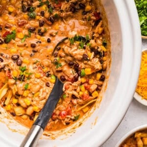 Creamy Buffalo chicken chili with shredded chicken, beans, corn, tomatoes, and fresh cilantro.