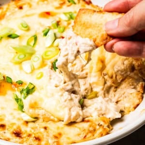 Close-up of a wonton chip lifting creamy, cheesy crab rangoon dip from a baking dish.